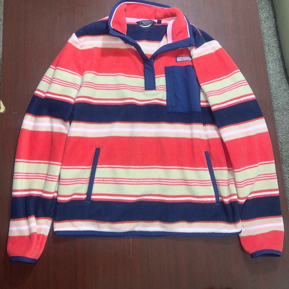 Vineyard Vines Coral, Navy & Cream Striped Half-Zip Pullover